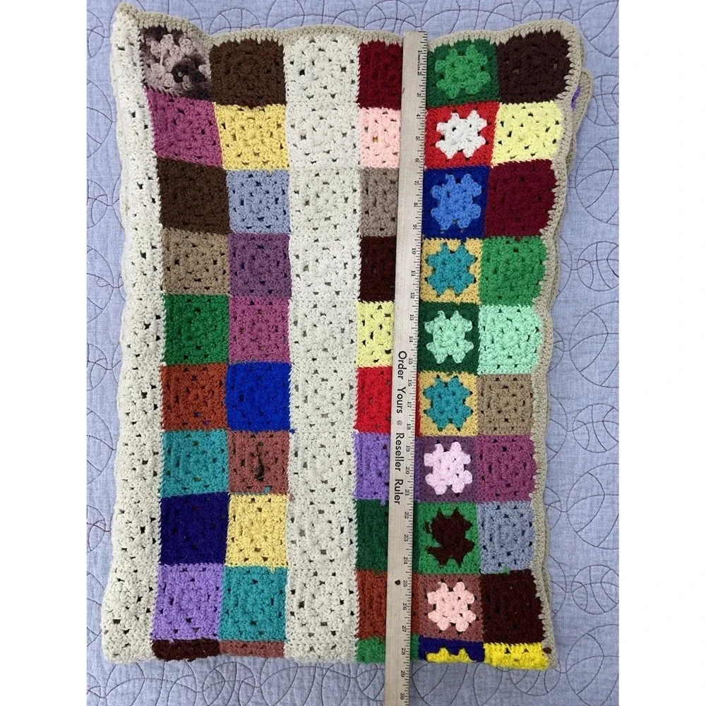 Vintage Handmade Crochet Granny Square Afghan Blanket Multicolor Rainbow Throw‎
